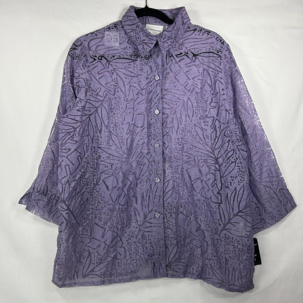 Alfred Dunner Purple Sheer Leaf Burnout Top Size 14 Button-Down Blouse